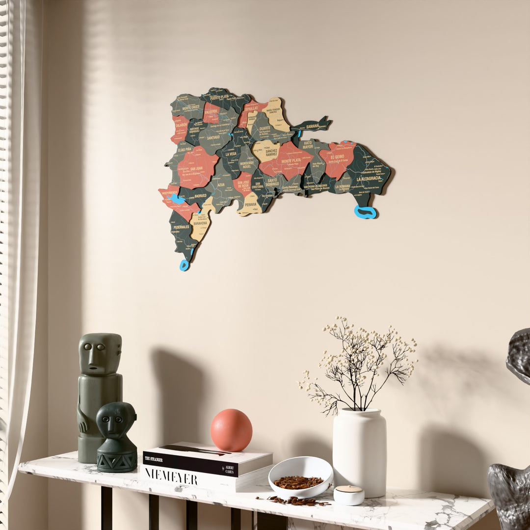 Sage Dominican Republic wooden wall map beside a sheer curtain, angled view