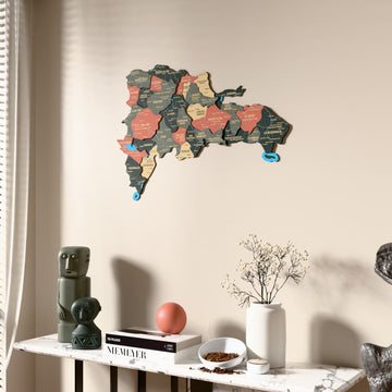 Sage Dominican Republic wooden wall map beside a sheer curtain, angled view