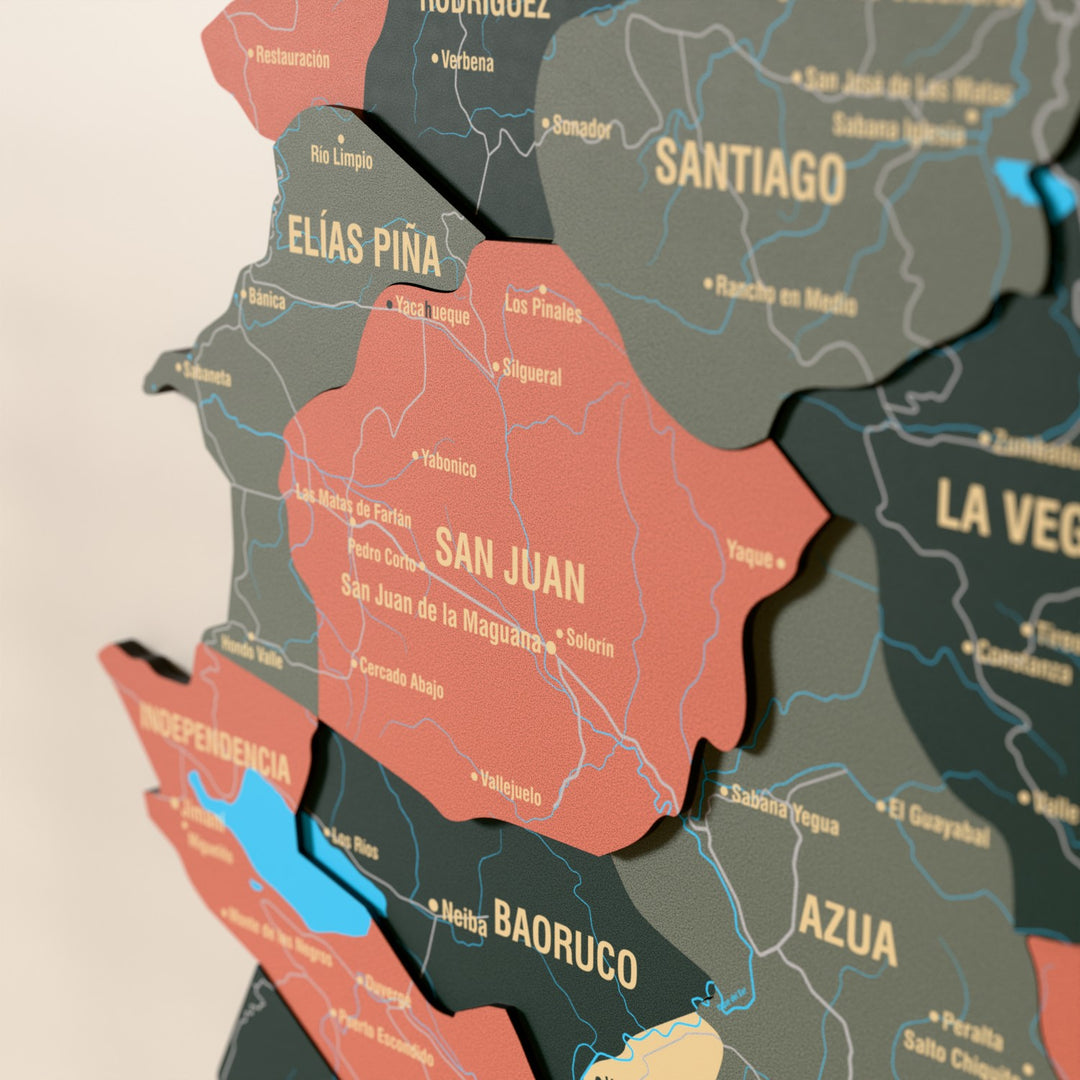 Close-up of the Sage Dominican Republic wooden wall map with layered regions and printed names