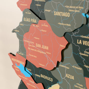 Close-up of the Sage Dominican Republic wooden wall map with layered regions and printed names