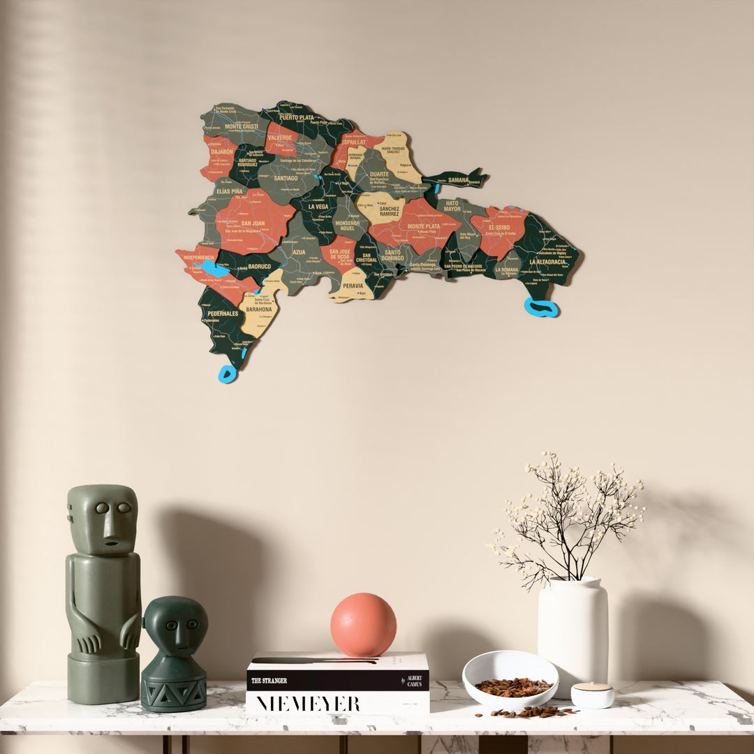 Sage Dominican Republic wooden wall map above a marble console, front view