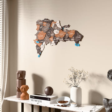 Soil Dominican Republic wooden wall map beside a sheer curtain, angled view
