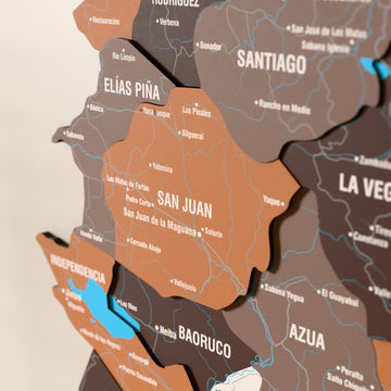 Close-up of the Soil Dominican Republic wooden wall map with layered regions and printed names