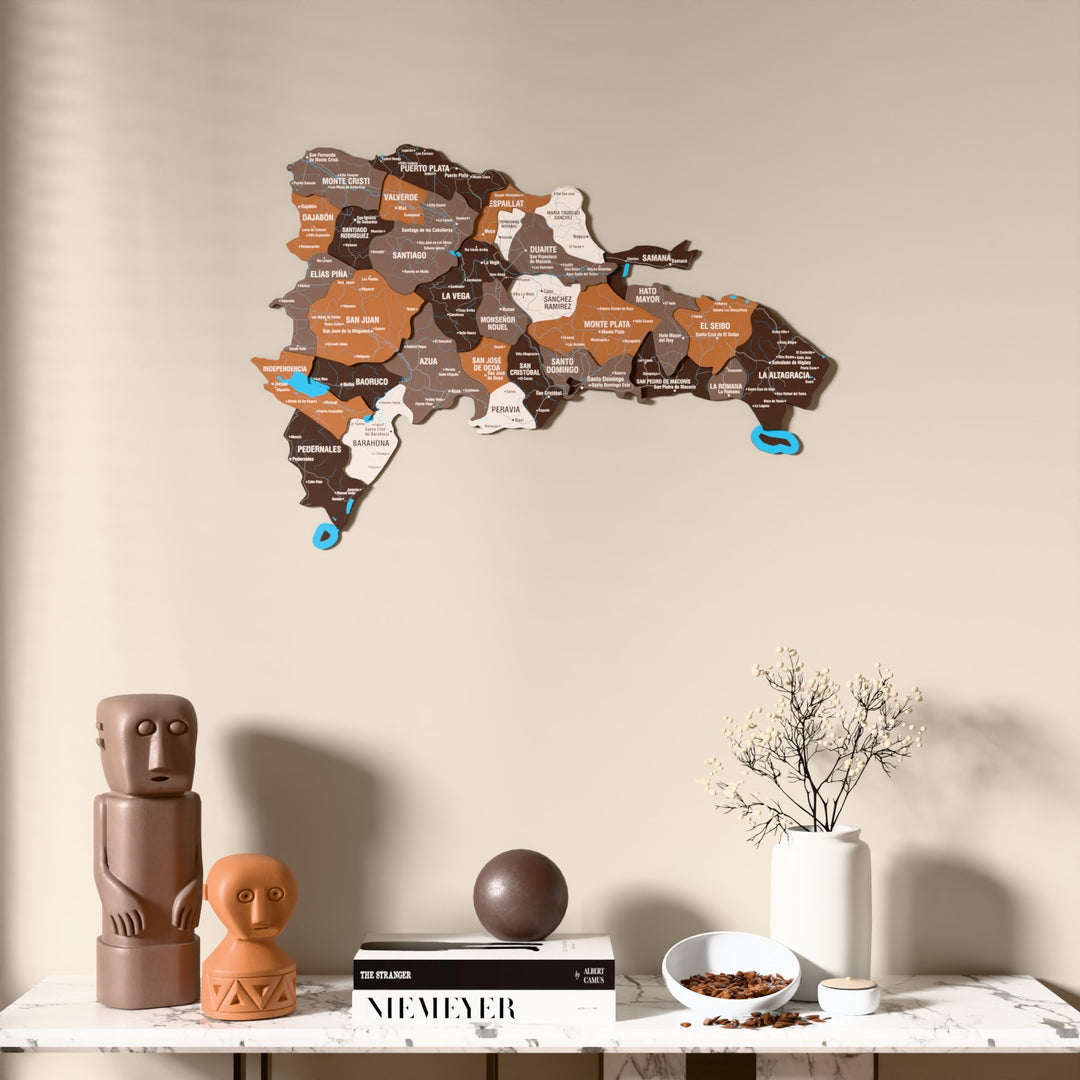 Soil Dominican Republic wooden wall map above a marble console, front view