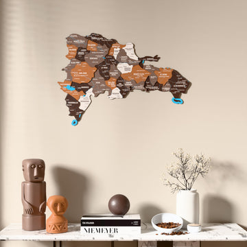 Soil Dominican Republic wooden wall map above a marble console, front view