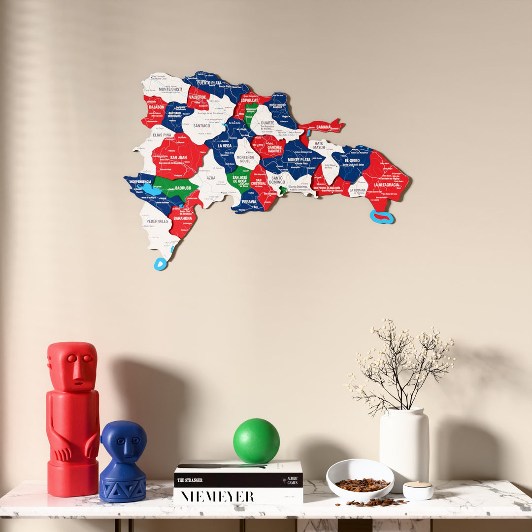 Flag colored Dominican Republic wooden wall map above a marble console, front view
