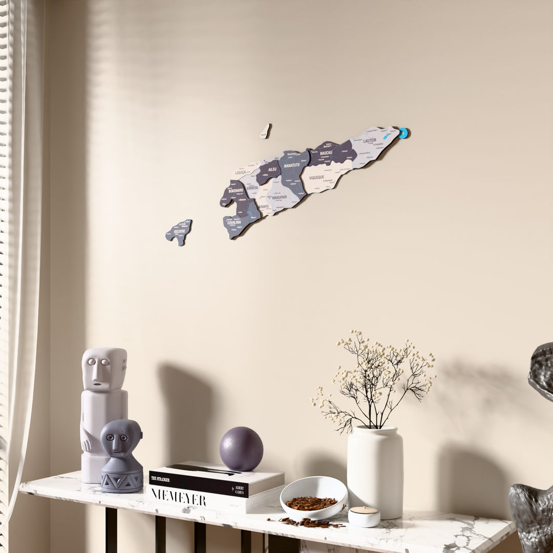 Nimbus East Timor wooden wall map beside a sheer curtain, angled view