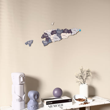 Nimbus East Timor wooden wall map on a beige wall above a console with figurines