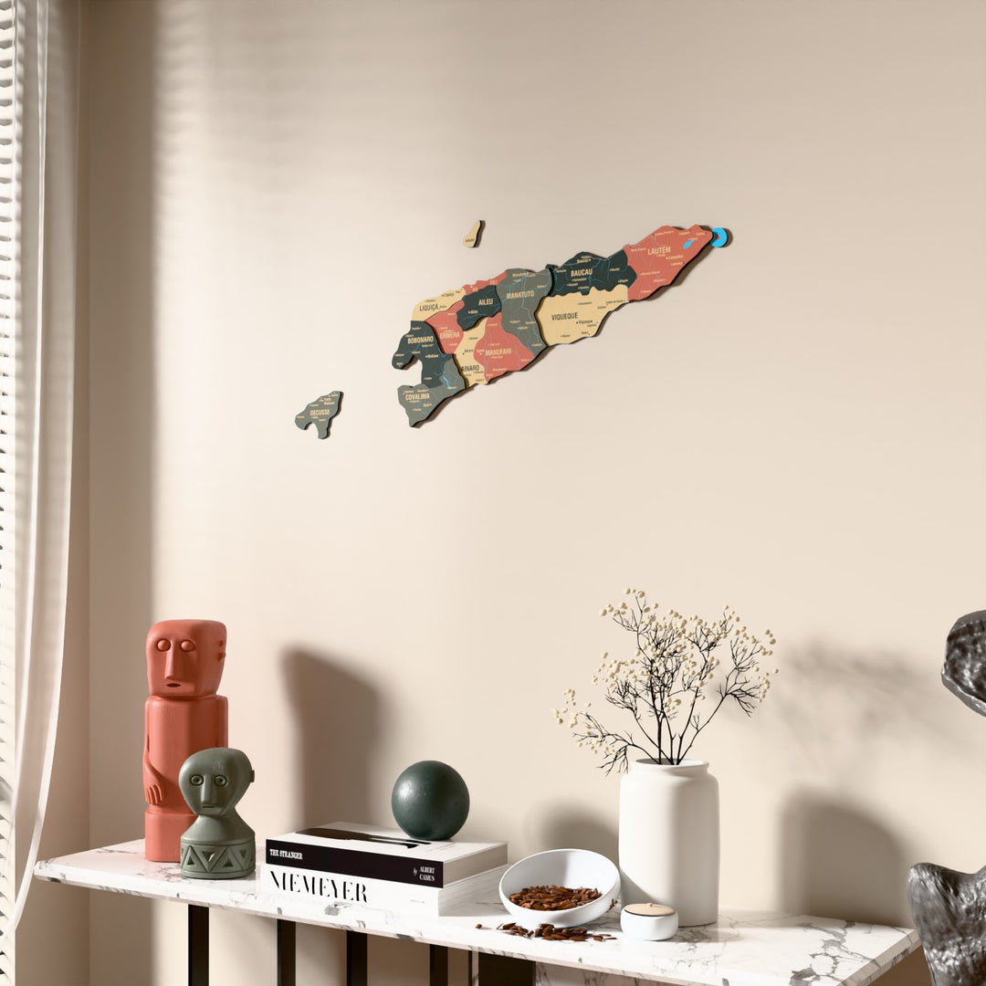 Sage East Timor wooden wall map beside a sheer curtain, angled view