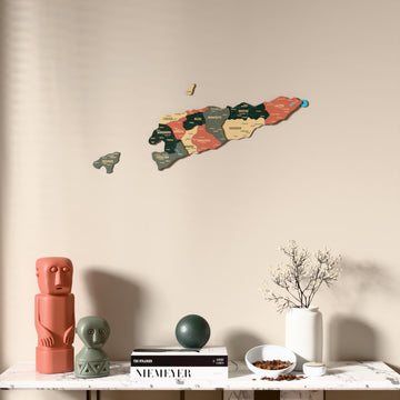 Sage East Timor wooden wall map above a marble console, front view
