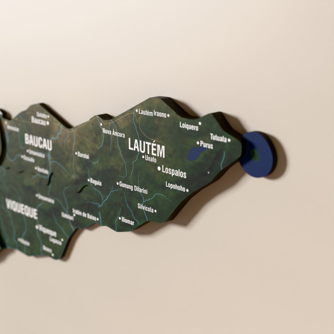 Close-up of the Satellite East Timor wooden wall map with layered regions and printed names