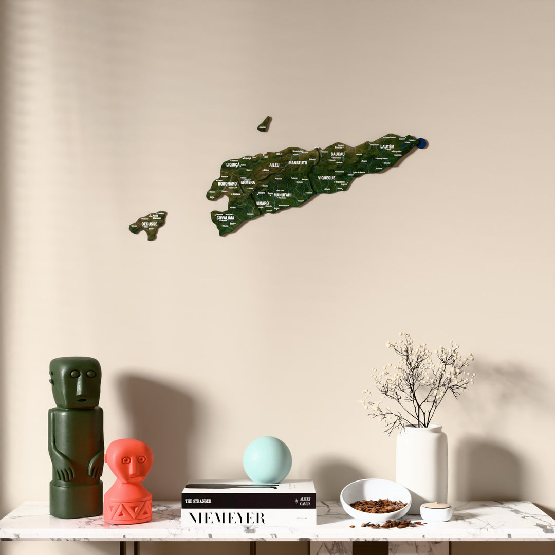 Satellite East Timor wooden wall map above a marble console, front view