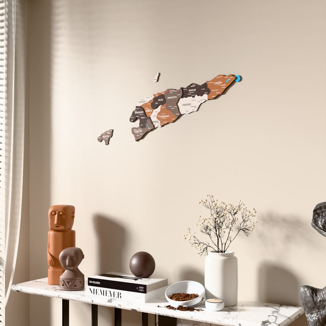 Soil East Timor wooden wall map beside a sheer curtain, angled view