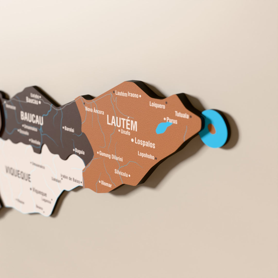 Close-up of the Soil East Timor wooden wall map with layered regions and printed names
