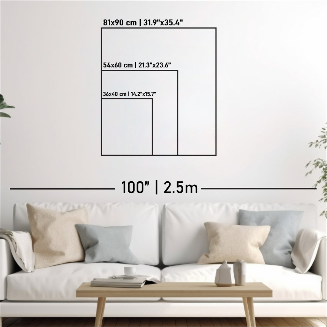 Size chart for the wooden Ecuador map: 36x40, 54x60 and 81x90 cm against a sofa