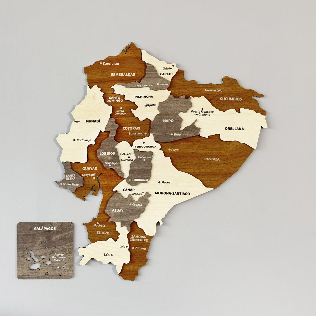 Wooden Ecuador wall map in brown and cream layers with the Galápagos panel, front view