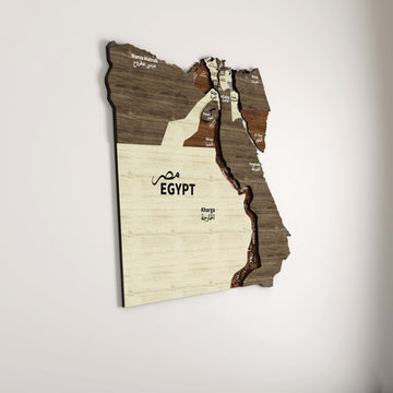Egypt wooden wall map with layered Nile Valley pieces, seen from the left on a pale wall