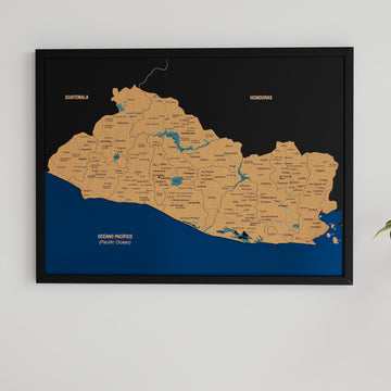 Black framed El Salvador cork map with a navy Pacific Ocean, front view