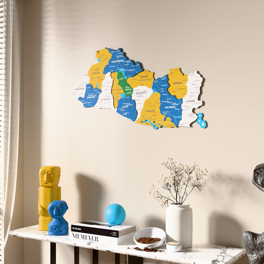 Flag colored El Salvador wooden wall map beside a sheer curtain, angled view