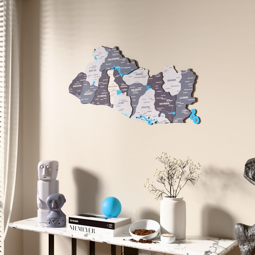 Nimbus El Salvador wooden wall map beside a sheer curtain, angled view