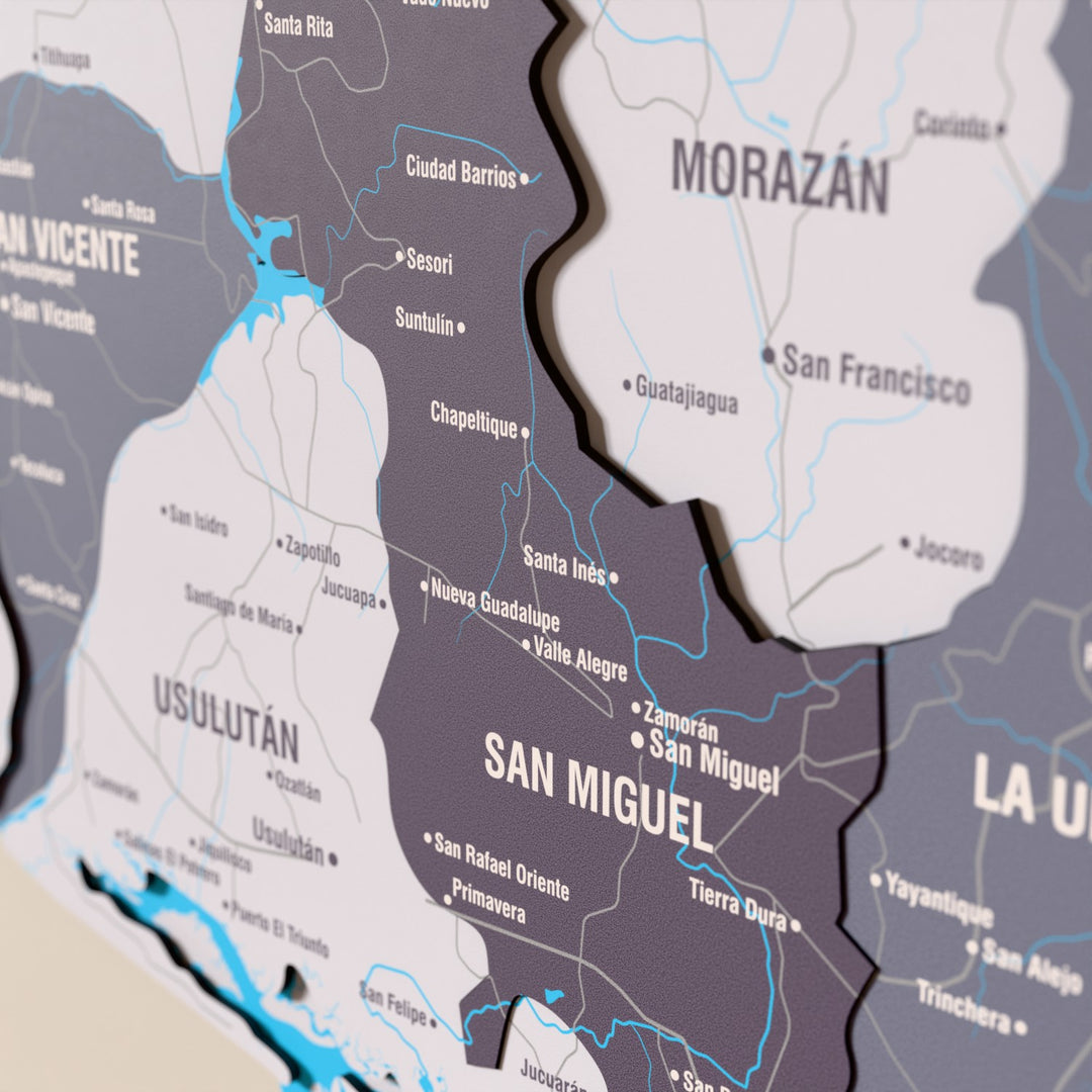 Close-up of the Nimbus El Salvador wooden wall map with layered regions and printed names