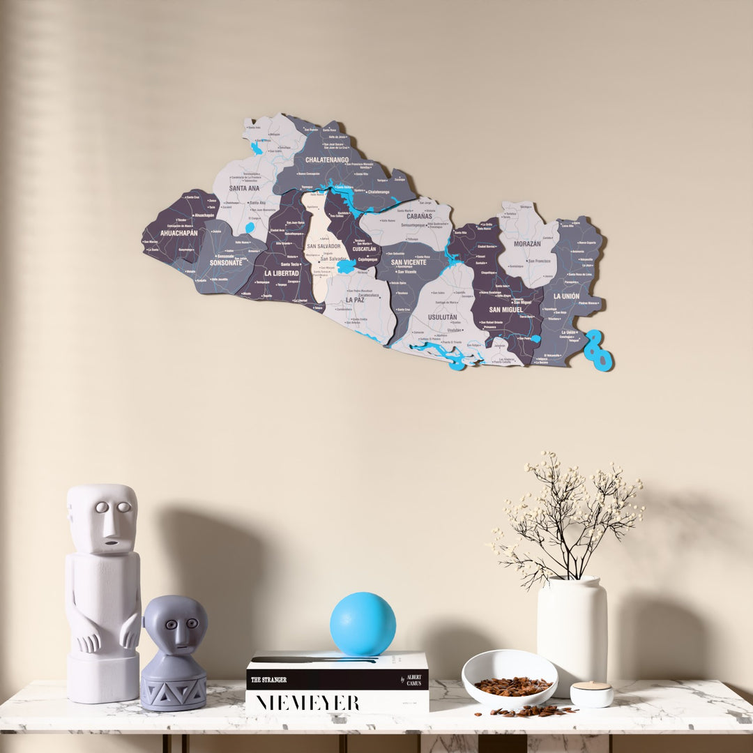 Nimbus El Salvador wooden wall map above a marble console, front view