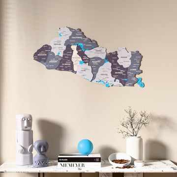 Nimbus El Salvador wooden wall map above a marble console, front view