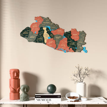 Sage El Salvador wooden wall map above a marble console, front view