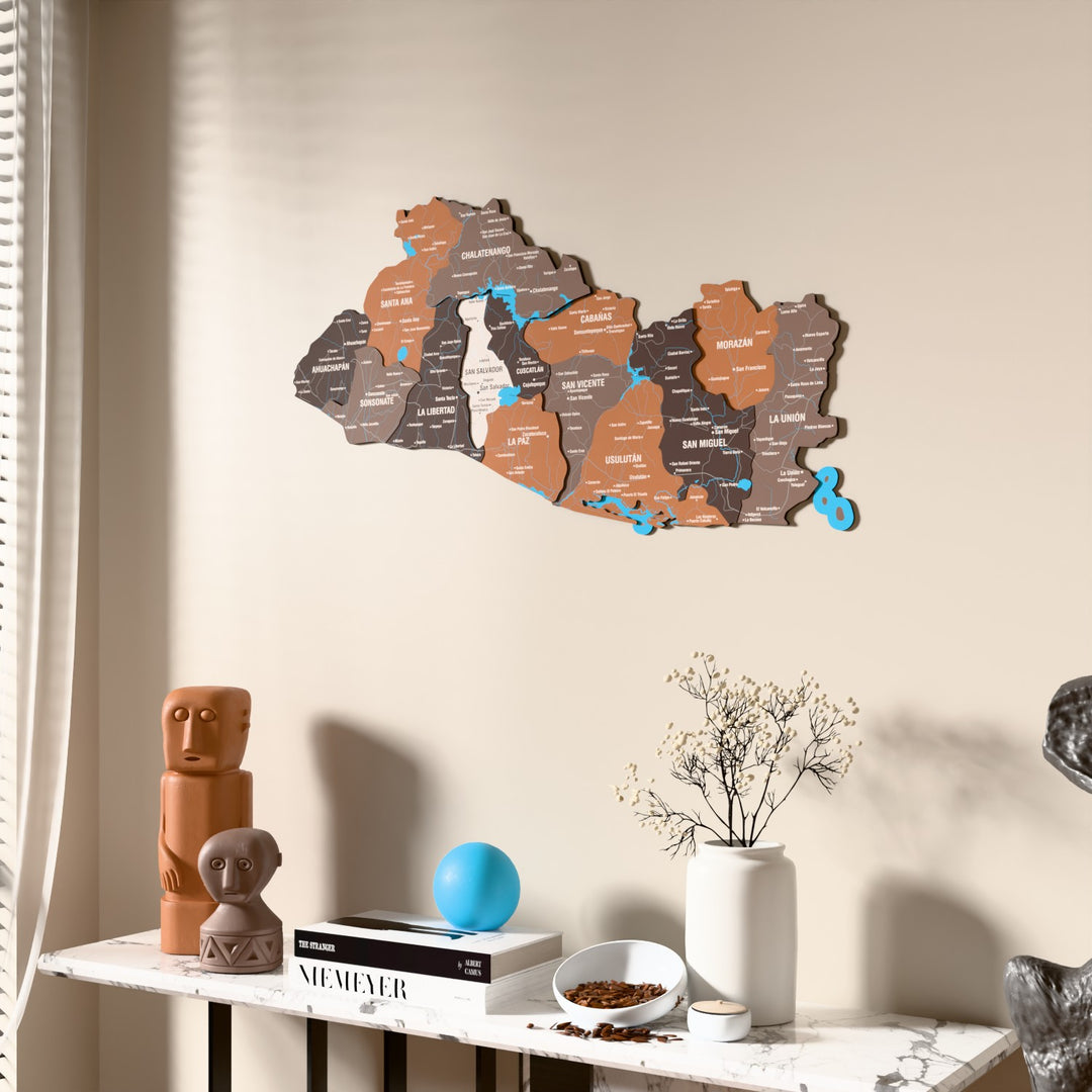 Soil El Salvador wooden wall map beside a sheer curtain, angled view