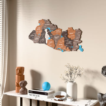 Soil El Salvador wooden wall map beside a sheer curtain, angled view