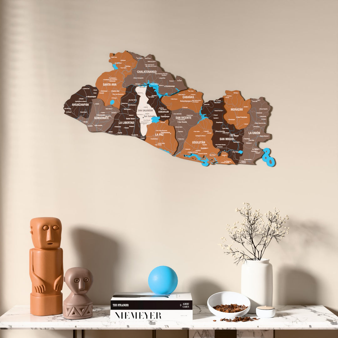 Soil El Salvador wooden wall map above a marble console, front view