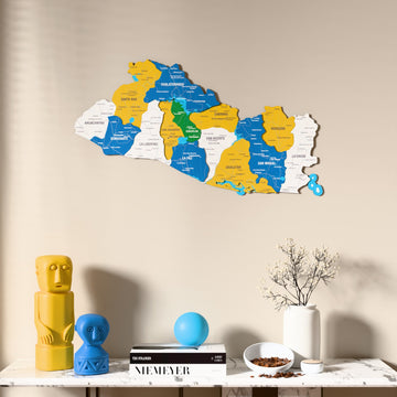 Flag colored El Salvador wooden wall map above a marble console, front view