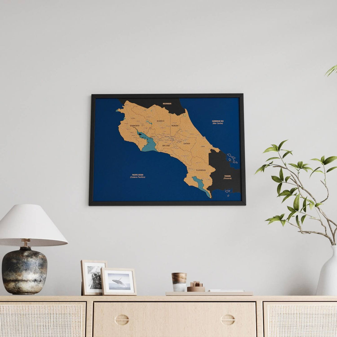 Framed Costa Rica Cork Wall Map Decor
