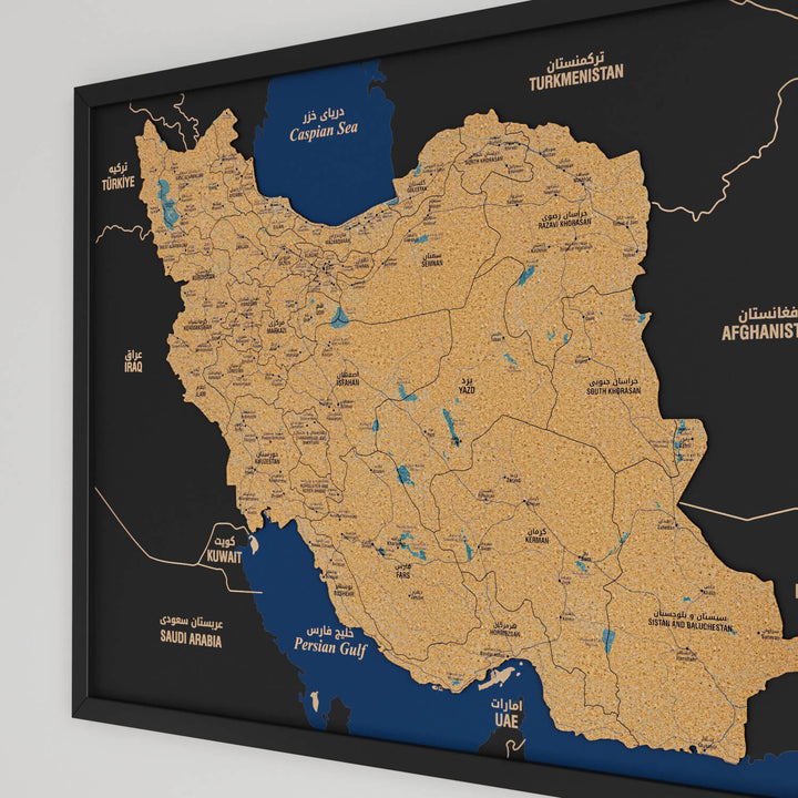 Framed Iran Cork Wall Map Decor
