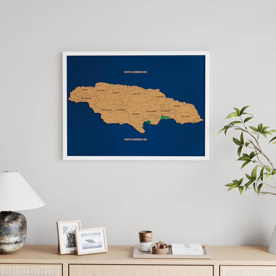 Framed Jamaica Cork Wall Map Decor