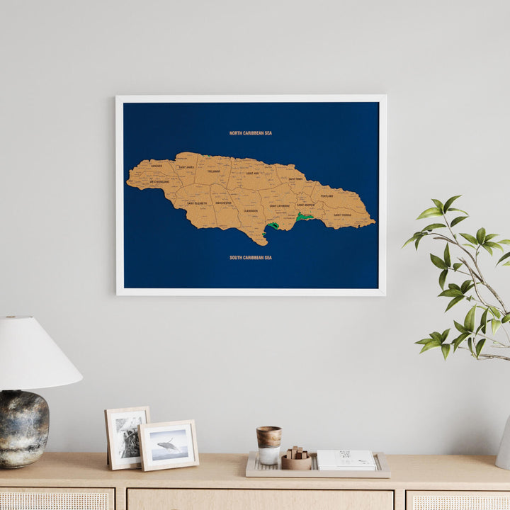 Framed Jamaica Cork Wall Map Decor