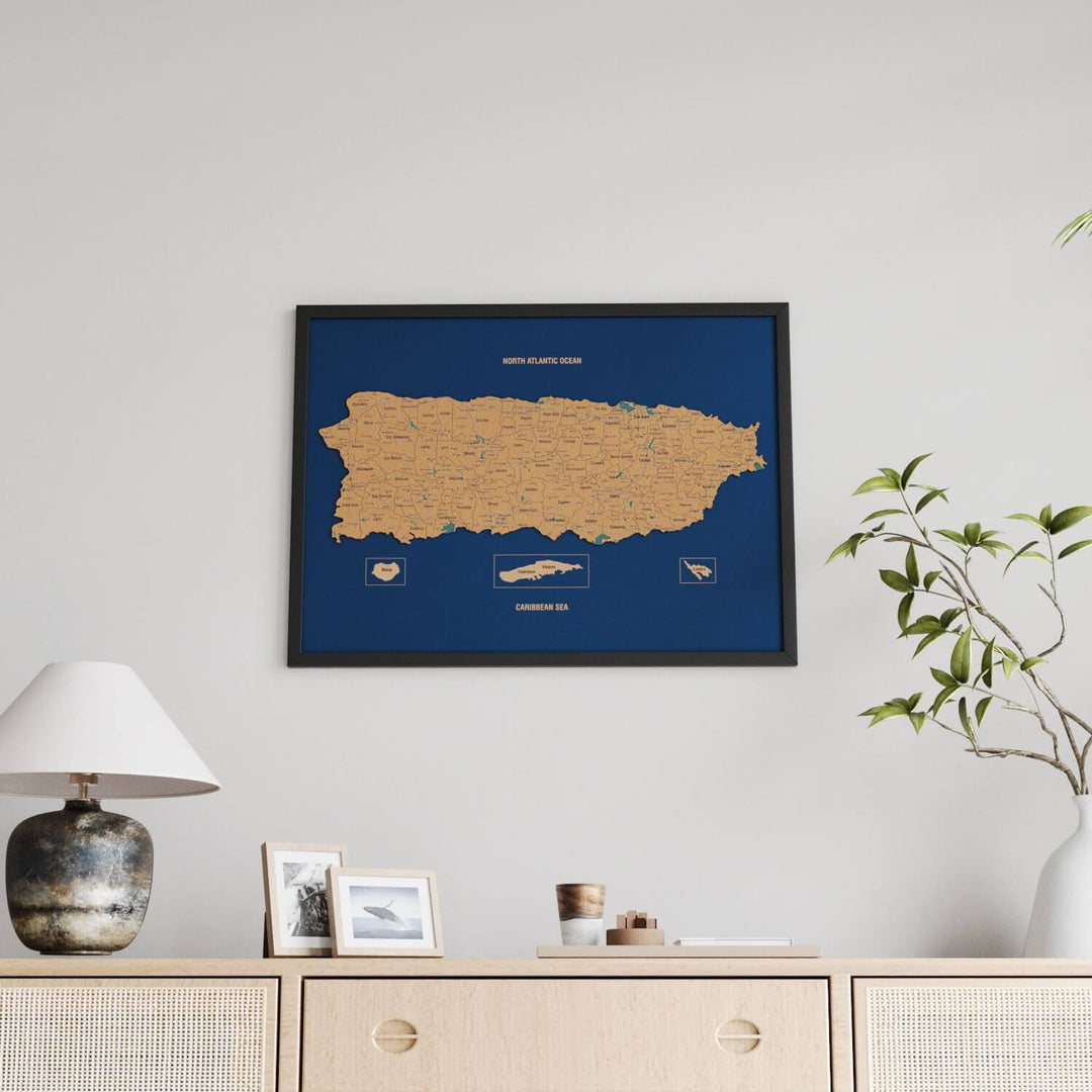 Framed Puerto Rico Cork Wall Map Decor