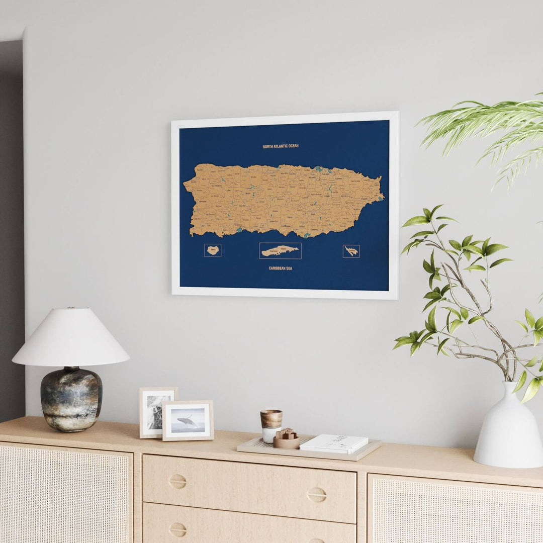 Framed Puerto Rico Cork Wall Map Decor