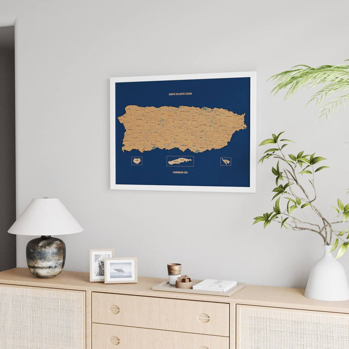 Framed Puerto Rico Cork Wall Map Decor