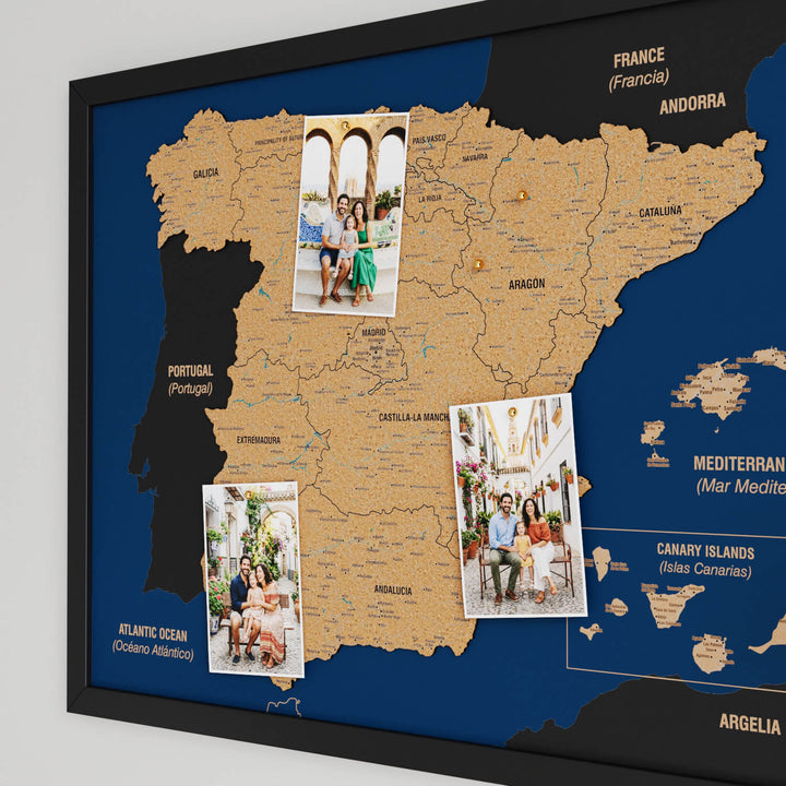 Framed Spain Cork Wall Map Decor