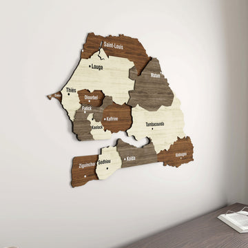 Senegal wooden wall map on a light wall, closer view with Saint-Louis, Thies and Kolda labels