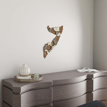 Small Somalia wooden wall map above a gray wavy-front dresser with a white vase