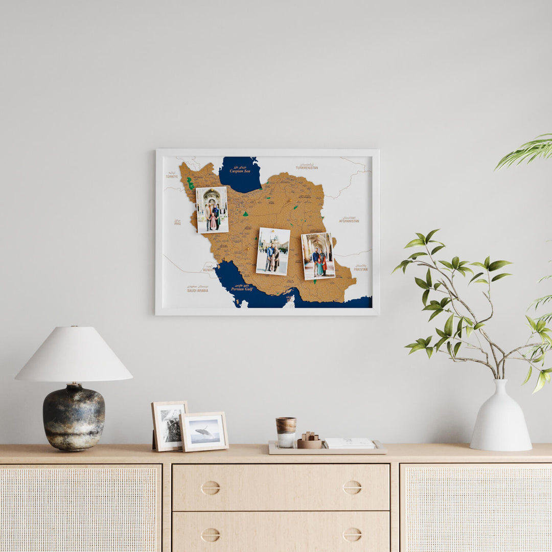 Framed Iran Cork Wall Map Decor