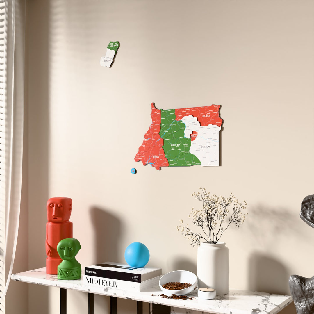 Flag colored Equatorial Guinea wooden wall map beside a sheer curtain, angled view