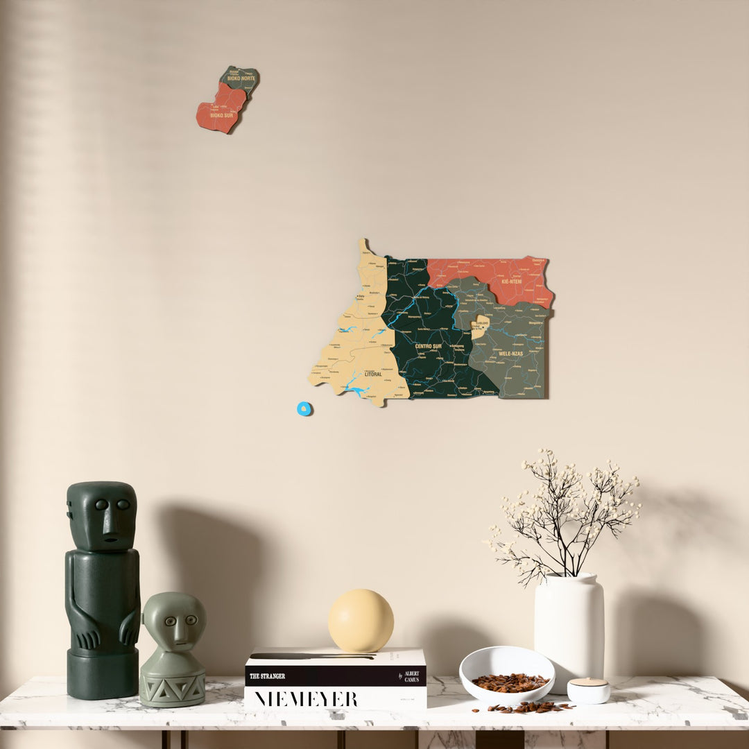 Sage Equatorial Guinea wooden wall map above a marble console, front view