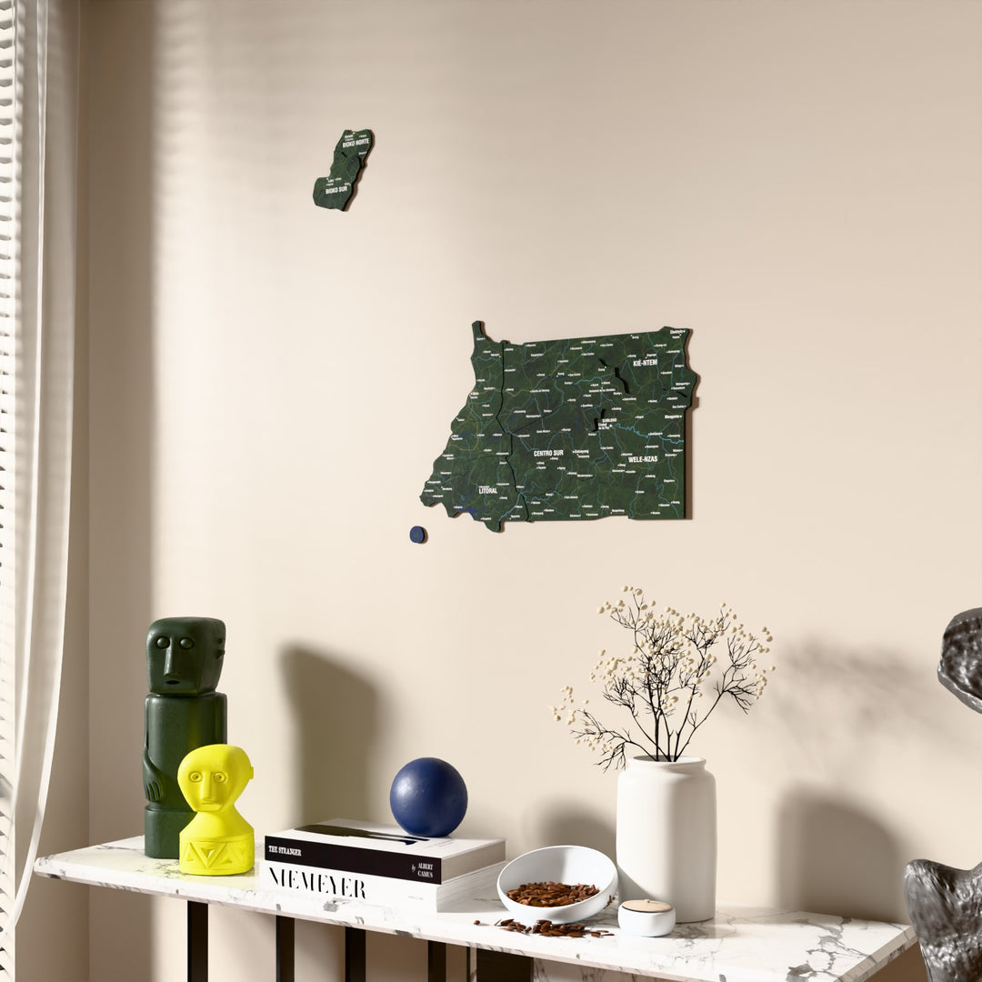 Satellite Equatorial Guinea wooden wall map beside a sheer curtain, angled view