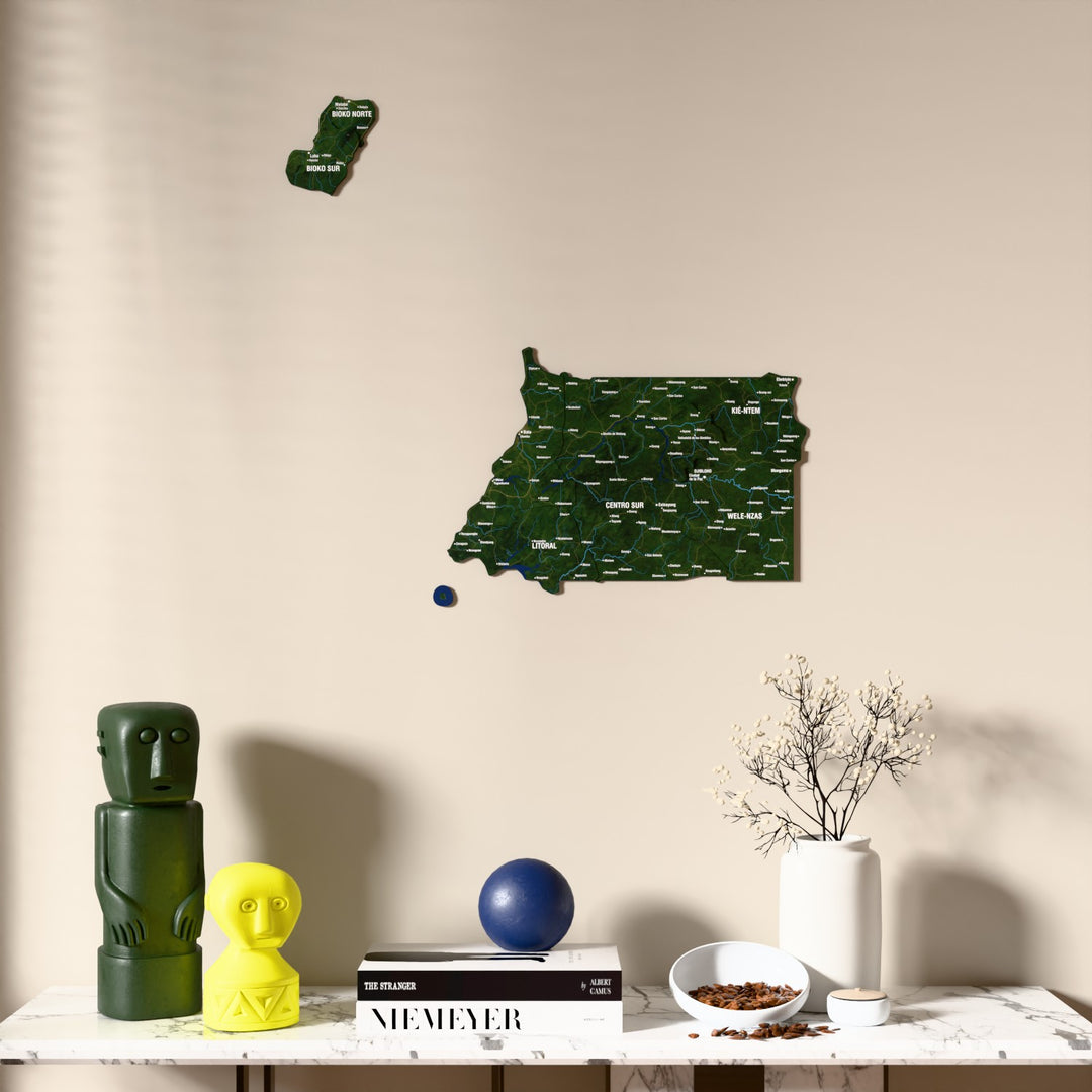 Satellite Equatorial Guinea wooden wall map above a marble console, front view