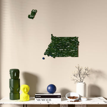 Satellite Equatorial Guinea wooden wall map above a marble console, front view
