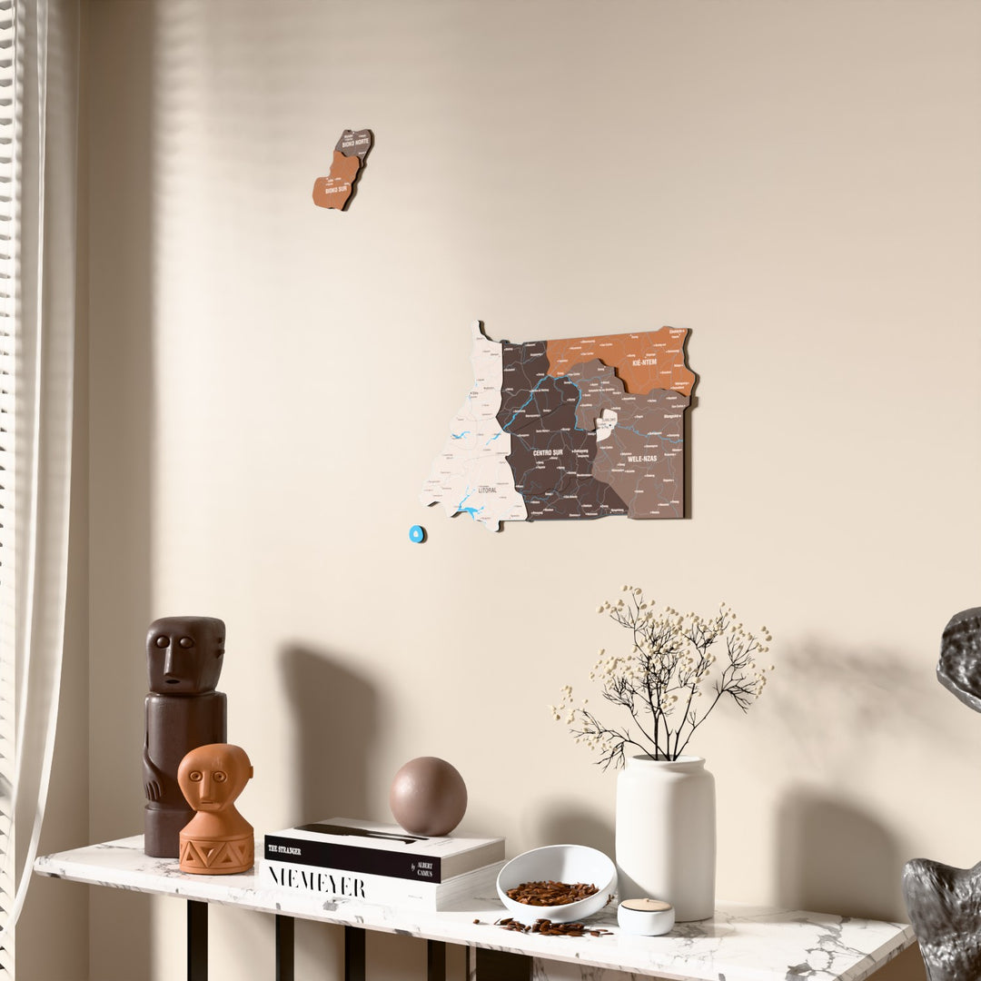 Soil Equatorial Guinea wooden wall map beside a sheer curtain, angled view