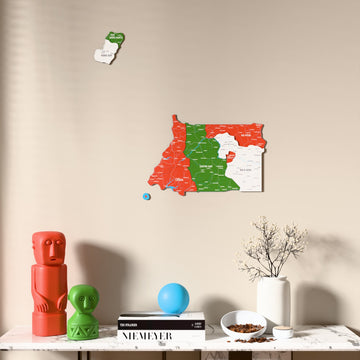 Flag colored Equatorial Guinea wooden wall map above a marble console, front view